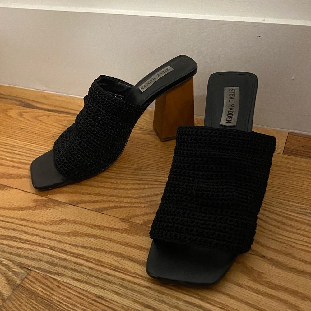 Steve Madden Sandals Realize Black Crochet Heels Size 8.5